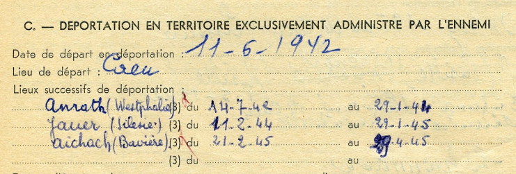 La date de déportation indiquée est le 16 juin 1942. Les lieux de déportation successifs sont ensuite listés : Aurath (Westphalie) du 14 juillet 1942 au 27 janvier 1944, Jauer (Silésie) du 11 février 1944 au 29 janvier 1945 et Aichach (Bavière) du 21 février 1945 au 29 avril 1945."