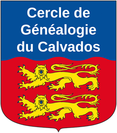 Logo du Cercle de Généalogie du Calvados avec les léopards normands en jaune et les couleurs bleue et rouge.