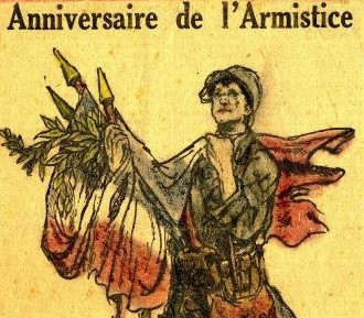 Un Poilu porte le drapeau français avec les lauriers de la Victoire.