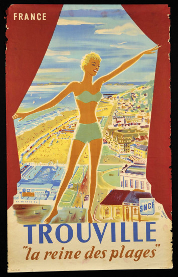 L'affiche représente une jeune femme mince en maillot de bain deux pièces ouvrant un rideau rouge sur le paysage balnéaire de Trouville et sa plage.