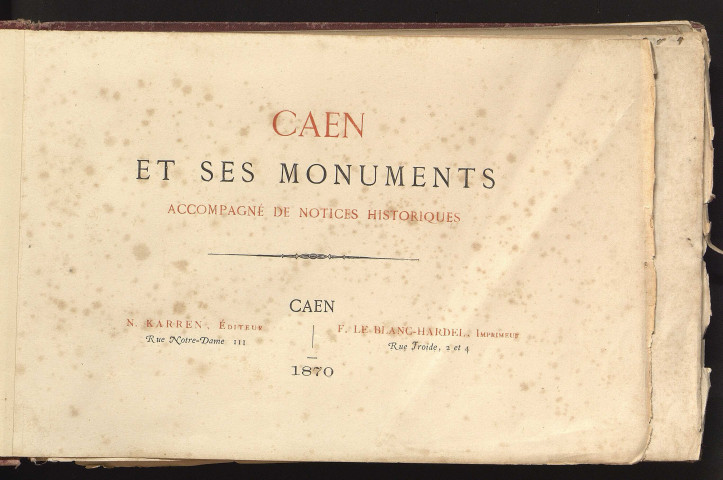 Couverture et premières pages avec un "Panorama de Caen" par Jean Nicolas Karren