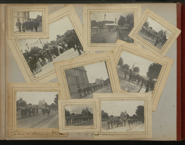 Défilés de sapeurs pompiers et concours de pompes à incendie le 15 août 1902 à Caen (centre ville, prairie, hippodrome, Grand cours) (pages 31, 33 à 38).