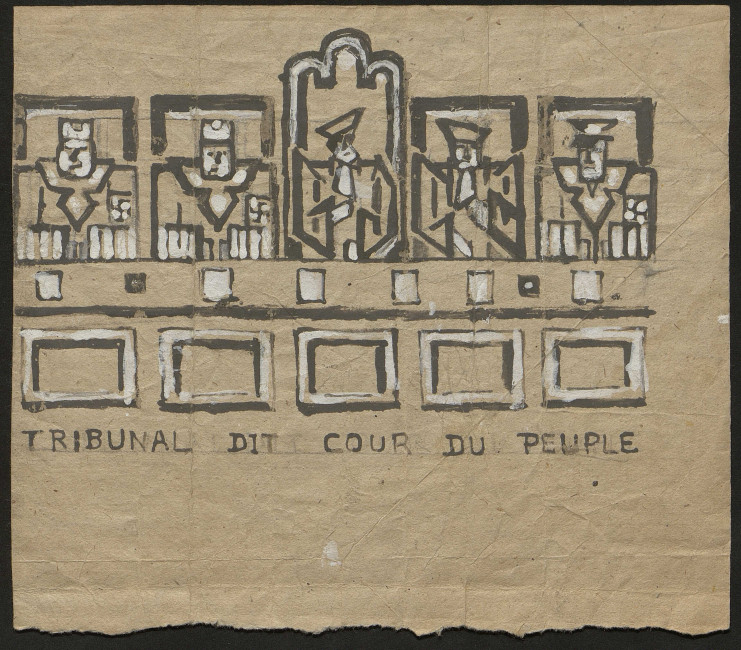 Le dessin est légendé "Tribunal dit cour du peuple". Il représente 5 magistrats siégeant de face. Les traits droits y compris pour représenter les visages relèvent presque du cubisme.