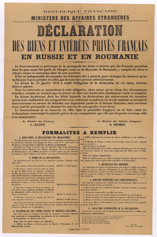 Déclaration des biens et intérêts privés français en Russie et en Roumanie.
