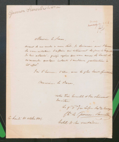 1) - Lettre du comte de Guernon-Ranville, ancien chef de bataillon de la garde impériale et père du ministre de Charles X au général Ernouf lui annonçant les perquisitions faites par ordre du Préfet du Calvados chez les bonapartistes. Le curé Desplats a été arrêté (12 juin 1816). 2) - Autre lettre lui expliquant comment il a conçu et dressé la liste des royalistes purs et sincères de la ville de Caen. 3) - Lettre du chevalier de Guernon-Ranville à ? demandant un rendez-vous (1825).