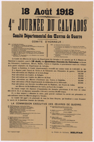 Affiche annonçant la quatrième journée du Calvados (18 août 1918).