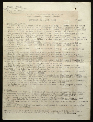 Transcription dactylographiée des informations radiophoniques anglaises diffusée par la permanence de Radio-Normandie à Bayeux