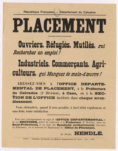 Publicité de l’office départemental de placement du Calvados.