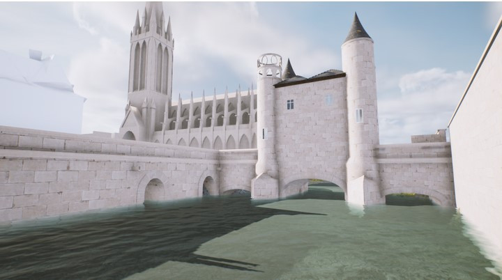 Reconstitution numérique de l'église Saint-Pierre, de l'hôtel de ville ainsi que d'une partie des remparts, au pied desquels coule l'Orne.