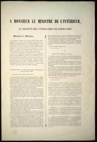 Requête pour la restauration de l'église St Etienne-le-Vieux de Caen par la Société des antiquaires de Normandie auprès du ministre de l'Intérieur