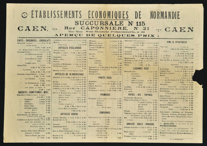 Publicités pour les Etablissements économiques de Normandie. Succursale n°115. 21, rue Caponnière et 19 rue Montoir Poissonnerie à Caen (n°11 à 13).