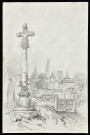 Saint-Germain-de-Livet : croix de cimetière et entrée du château