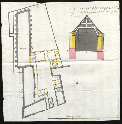Propriétés à Caen appartenant à la famille Hue de Caligny (rue des Quais, "maison de la Romaine"...) dont certaines servent de logement du personnel de la Ferme, de grenier à sel (dépôts du Petit et du Grand Caligny, des Trois Cornieres) ou d'entrepôt de tabac : baux (1665-1725), devis et plans pour aménagement des logements et construction de nouveaux dépôts pour le sel (1723-1729)