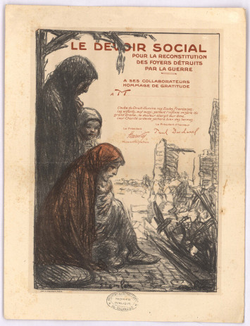 Le titre est Le Devoir social pour la reconstitution des foyers détruits par la guerre. Sur cette affiche, 2 femmes et une jeune fille semblent perdues et tristes devant des ruines.