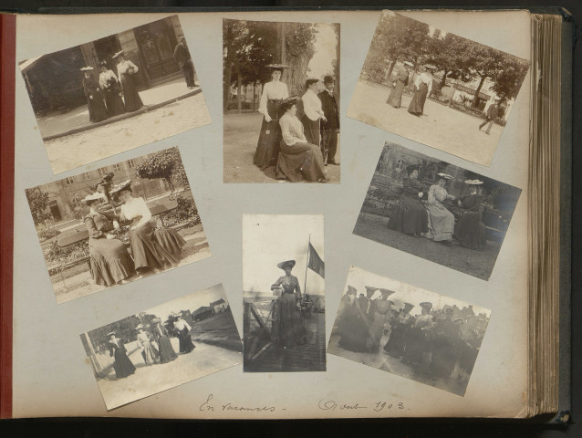 Personnes prenant la pose à Caen (notamment dans le jardin place de la République) et à Riva-Bella, "En vacances août 1903 " (pages 59 et 60).