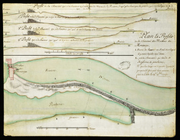 Plan et profils de la chaussée des moulins de Montaigu à Caen, 1705, AD14, CPL/256