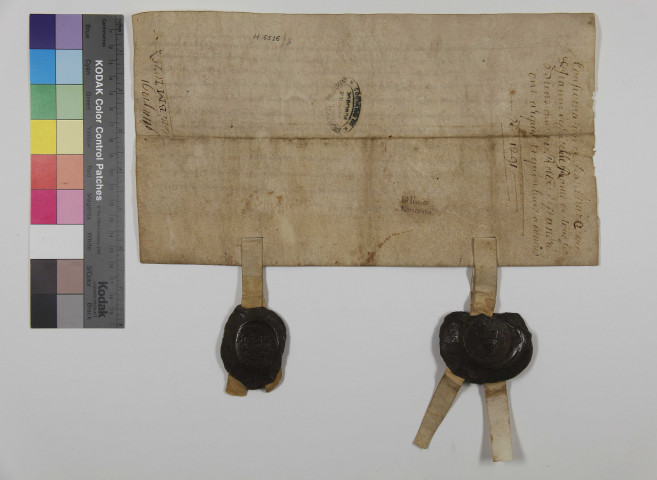 Jean de Harcourt et sa femme Jeanne, vicomtesse de Châtellerault, confirment les donations de l'abbaye. L'acte porte leurs sceaux très bien conservés.