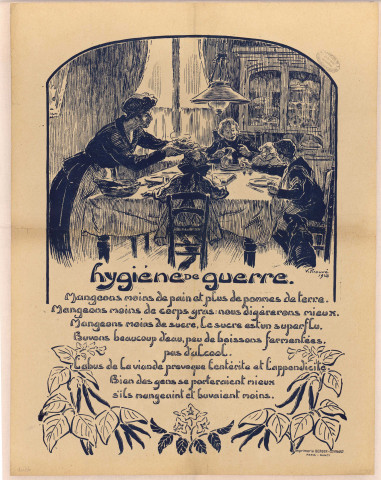 Affiche illustrée encourageant à manger moins et mieux.