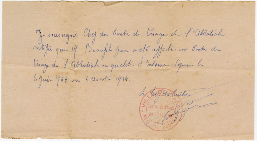 Attestation et carte d'affectation de Jean Beaufils