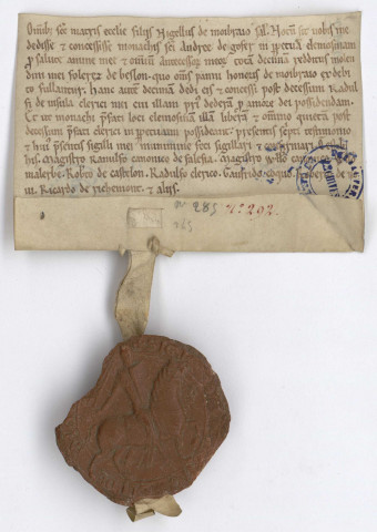 Beslou, Montbray et Beaumesnil. Chartes des seigneurs de Montbray en faveur de l'abbaye, avec 2 chartes scellées bien conservées