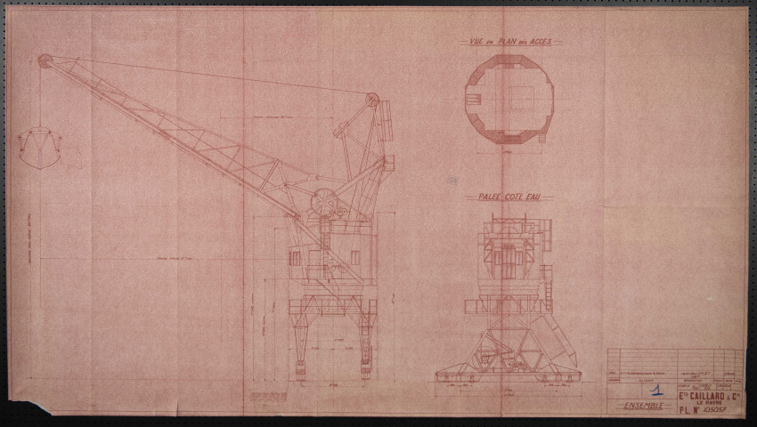 Plans d'ensemble de l'usine (1931, 1947, 1954). Plan d'implantation de l'usine (1947). Plans d'ensemble de 2 grues électriques sur portique (1915). Plan d'ensemble de grue électrique (1915, 1952, 1953),