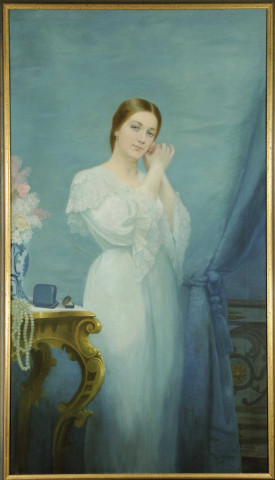Portrait en pied d'une jeune femme, par Edouard Krug
