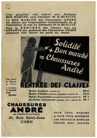 Publicité pour les Chaussures André. 21, Rue Saint-Jean à Caen (n°25 à 28).