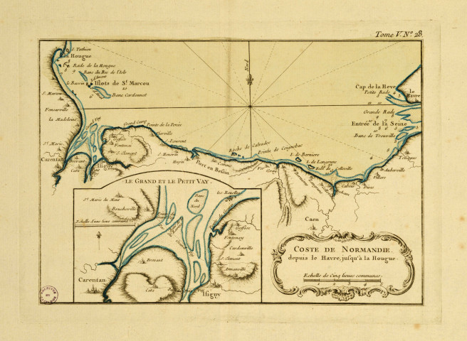 Coste de Normandie depus le Havre jusqu'à La Hougue avec en détail le Grand et le Petit Vey. Carte extraite d'un atlas (tome V, n° 28)