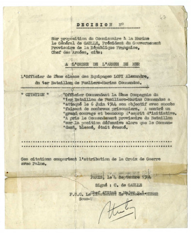 Citation de l'officier Lofi à l'ordre de l'armée de mer