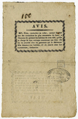 Avis. Mlle Néel, couturière en robes, sortant de chez une des couturières les plus renommées de Caen, a l'honneur de prévenir les habitans (sic) de cette ville, qu'elle se charge de tous ouvrages concernant son état ; elle ira en journée chez les personnes qui le désireront. Elle demeure rue Laitière, n°.25, chez le sieur Lefauconnier, cordonnier.