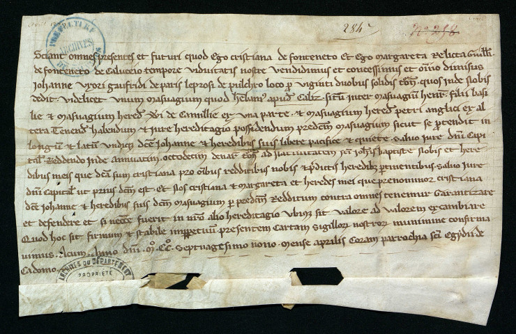 Christinne et Marguerite de Fontenay vendent à Jeanne, femme de Geoffroy Paris lépreux en la maladrerie de Beaulieu, un ménage à Calix