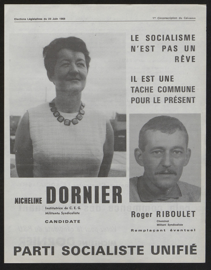 L'affiche est composée d'une grande photographie d'Yvette Roudy et d'une plus petite de son remplaçant Roger Riboulet. Le slogan est le suivant : "Le socialisme n'est pas un rêve, il est une tâche commune au présent."