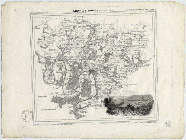 Carte de l'arrondissement de Rouen, extraite du Petit Atlas National des arrondissements de la France, avec vue de Rouen