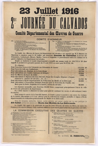 Affiche annonçant la deuxième journée du Calvados (23 juliiet 1916).