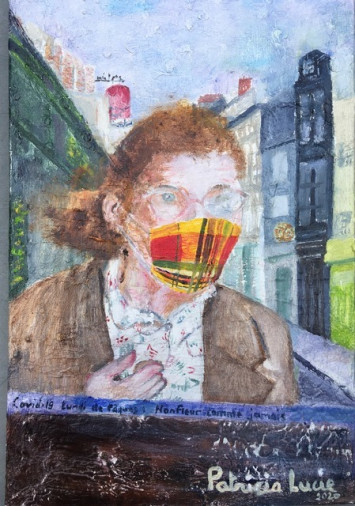 Cet autoportrait fait figurer un masque sur le visage de la femme représentée.