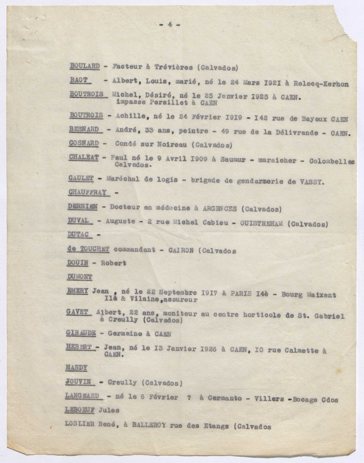 Les noms sont ceux de Boulard, Baot, Boutrois, Besnard, Cosnard, Chaléat, Caulet, Chauffray, Derrien, Duval, Dutac, de Touchet, Douin, Dumont, Emery, Gavet, Giraude, Hébert, Hardy, Jouvin, Langeard, Leboeuf, Loslier.