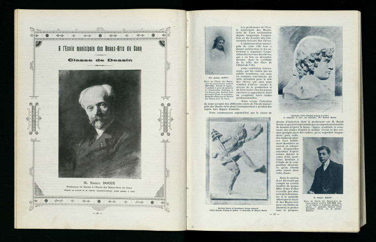 Sur la page de gauche, un portrait de Raoul Douin, sur la page de droite, le début de l'article avec une photographie de Robert Douin, jeune.