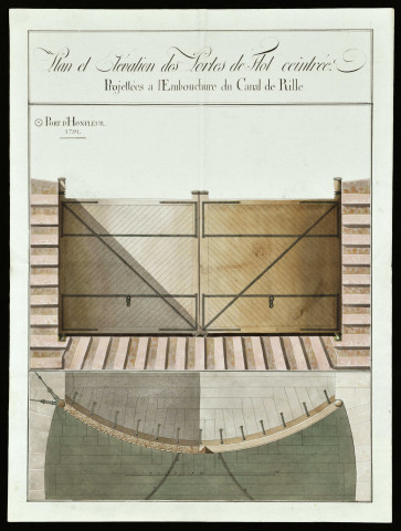 Port de Honfleur : plan et élévation des portes de flot cintrées projetées à l'embouchure du Canal de Rille.