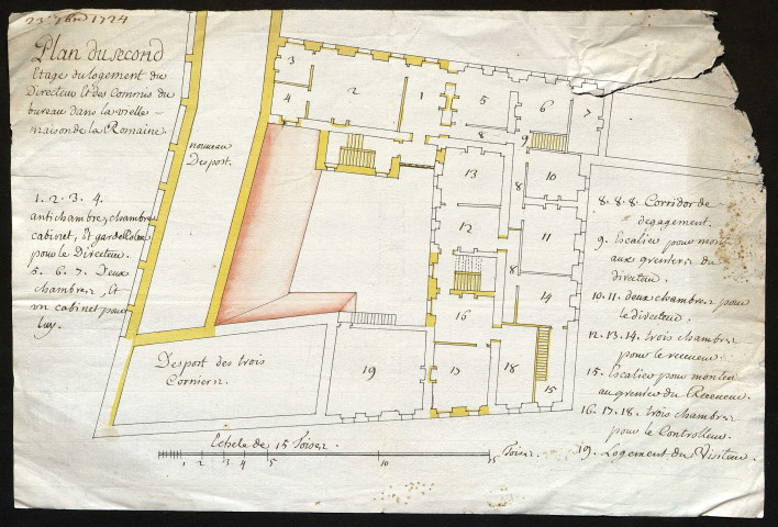Propriétés à Caen appartenant à la famille Hue de Caligny (rue des Quais, "maison de la Romaine"...) dont certaines servent de logement du personnel de la Ferme, de grenier à sel (dépôts du Petit et du Grand Caligny, des Trois Cornieres) ou d'entrepôt de tabac : baux (1665-1725), devis et plans pour aménagement des logements et construction de nouveaux dépôts pour le sel (1723-1729)