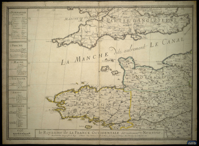 Carte du "Royaume de la France occidentale dit autrement Neustrie" (dont Normandie), par Pierre Du Val, géographe du Roi (document n°8).