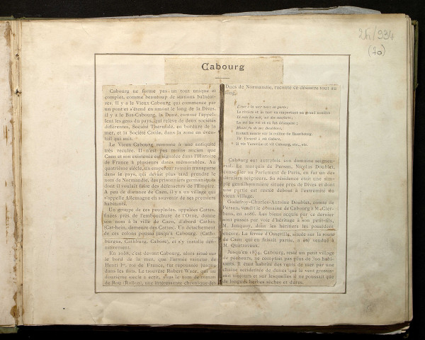 Page de couverture de l'album ; Plan de Cabourg ; Monographie, présentation de Cabourg ; Calendrier, descriptif journalier du séjour ; Carte des environs de Cabourg