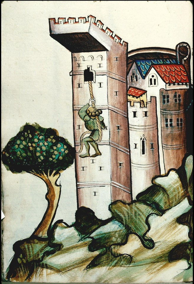 Illustration d'un manuscrit médiéval représentant un personnage qui descend le long d'une tour, à l'aide d'une corde