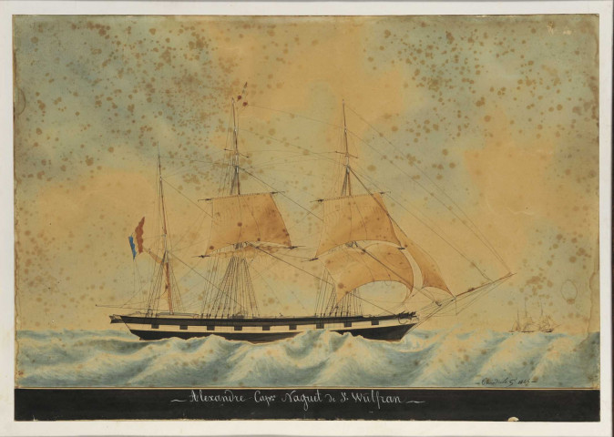 Bateau, trois mats, "Alexandre Capitaine Naguet de St Wulfran" par Théodule