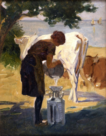 Ce tableau représente une femme versant le lait du sceau de la traite qu'elle vient d'effectuer sur une vache dans un bidon. En arrière-plan du champ où elle se trouve, on aperçoit la mer avec deux bâteaux.