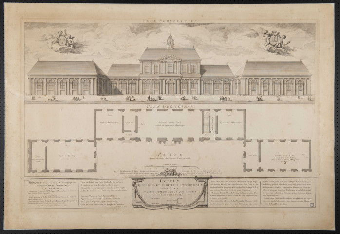 Elévation et plan de l'université de Caen, d'après des plans de De La Londe du XVIIIe siècle (accompagnés d'un texte de monsieur Massieu de Clerval).