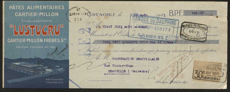 Mandat daté d'août 1920 au nom de la "coopérative deauvillaise". A gauche, un visuel de l'entreprise Lustrucru.