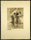 Mont-Saint-Michel : tour du Roi et tour de l'Arcade à marée haute. Dans la cuvette en bas à gauche, petite gravure des tours à marée basse intitulée "La digue".