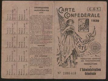 Carte confédérale de la CGT au nom d'André Chapron pour l'année 1939.