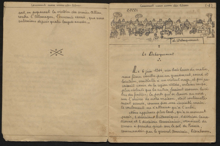 Page d'un cahier avec texte manuscrit et dessin figurant le Débarquement.
