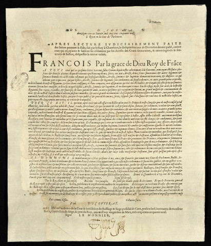 Lecture, publication et enregistrement de l'ordonnance de François II du 16 décembre 1559 étendant à ceux qui aideraient des condamnés à mort ou bannis la peine du criminel et accordant aux dénonciateurs la moitié des amendes et confiscations. 20 mars 1559 (a.st.).